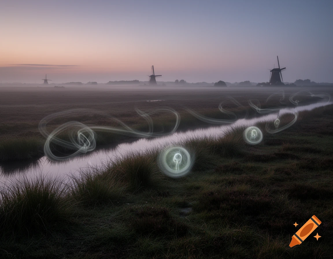 Misty dawn landscape with three windmills, a canal, and glowing ethereal light painting orbs and swirls above marshland.