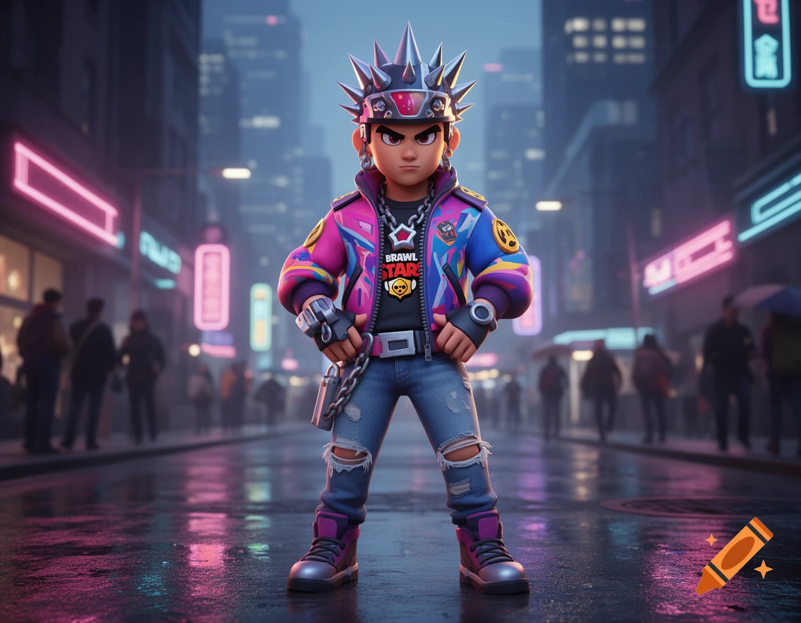 A stylized male character with spiky hair and a colorful jacket stands on a wet neon-lit city street at night.