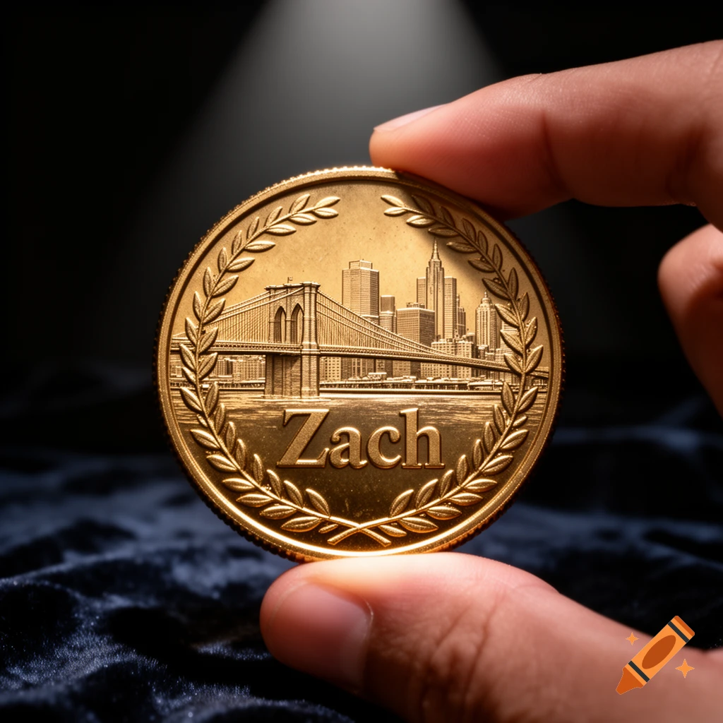 A hand holds a shiny gold coin featuring an etched Brooklyn cityscape with the Brooklyn Bridge and "Zach" inscribed below.