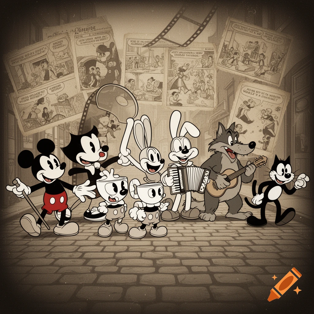 Mickey Mouse, Felix the Cat, Cuphead, Oswald, and other vintage-style cartoon characters pose together against a sepia-toned backdrop of comic panels and film strips.