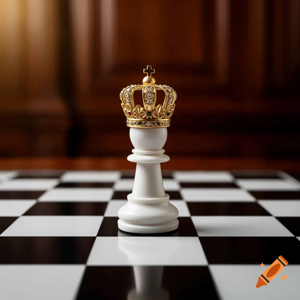 A white chess pawn wearing a golden crown stands prominently on a black and white chessboard with a dark wooden background.