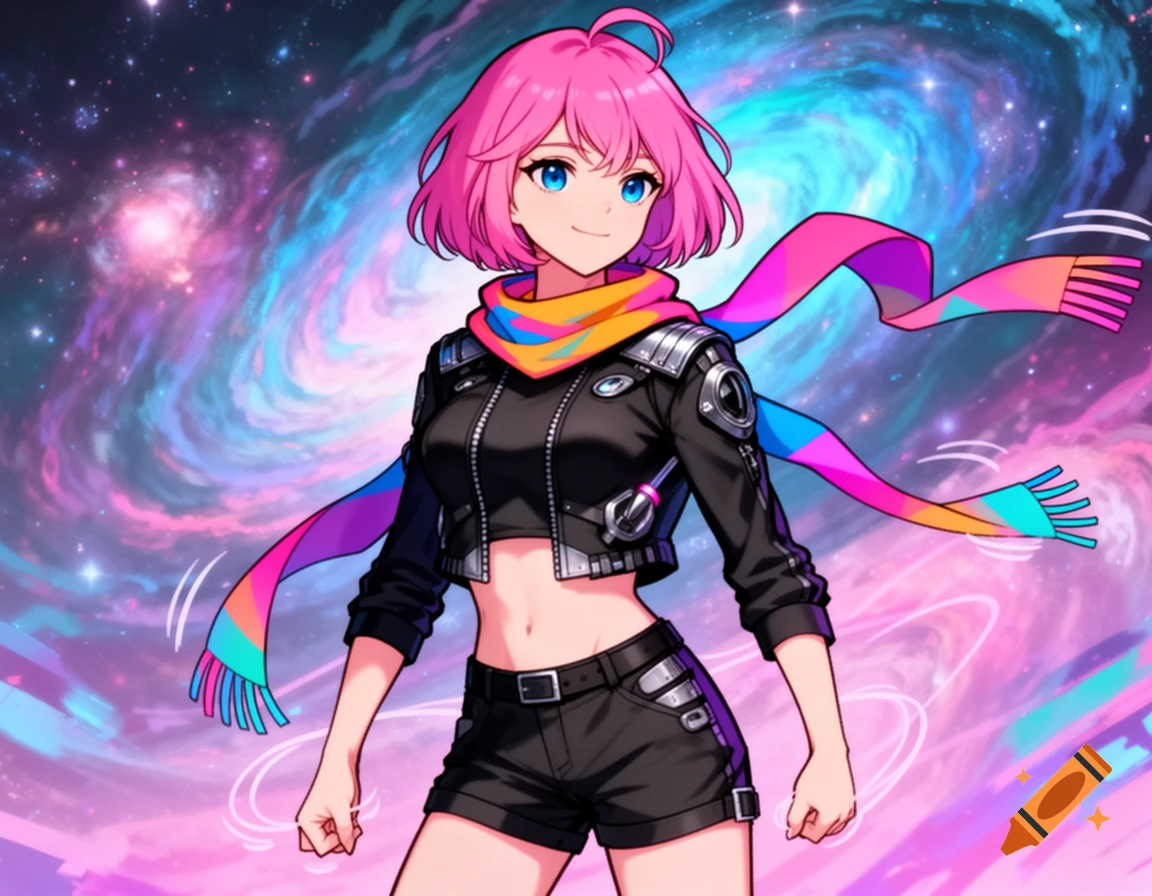An anime girl with pink hair, blue eyes, black crop top jacket, black shorts, and a colorful scarf stands against a vibrant swirling galaxy background.