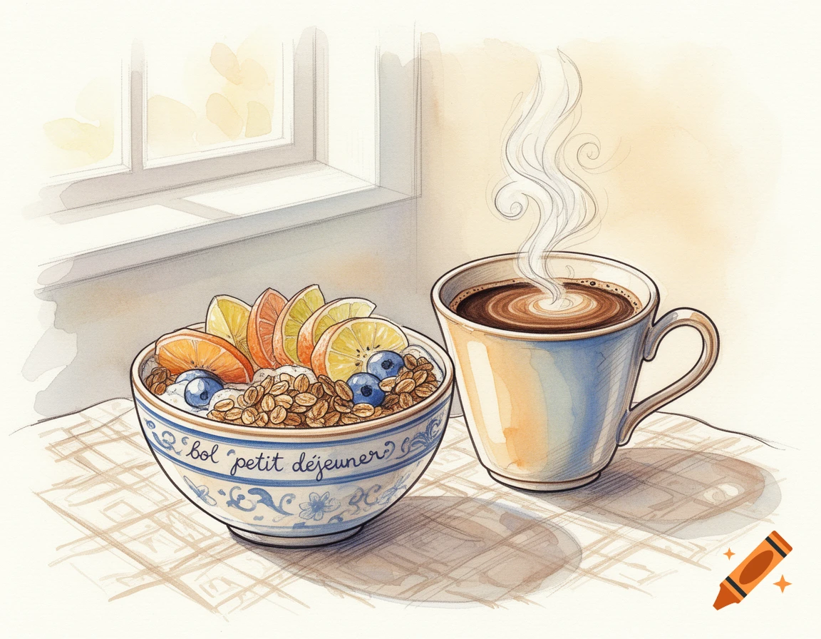 Watercolor illustration of a bowl of fruit and granola and a steaming cup of coffee next to a window.