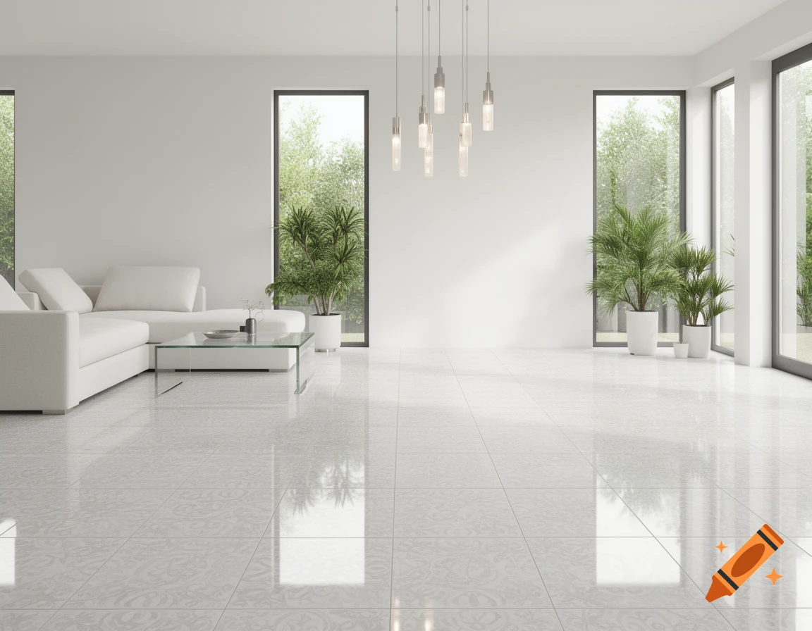 Bright, modern living room with a white sectional sofa, glass coffee table, potted plants, and large windows on a reflective white tiled floor.