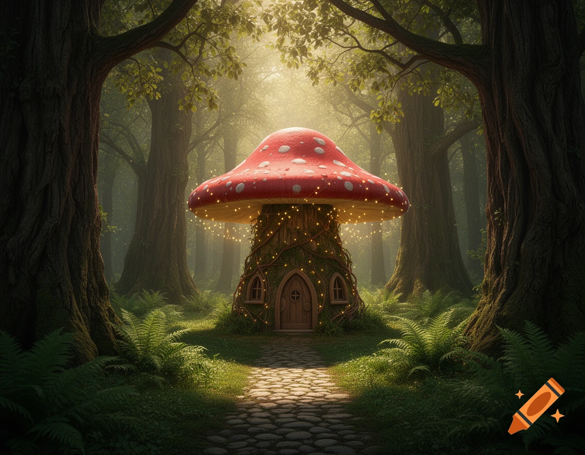 A cobblestone path leads to a whimsical mushroom house with glowing lights nestled in a sunlit, magical forest.