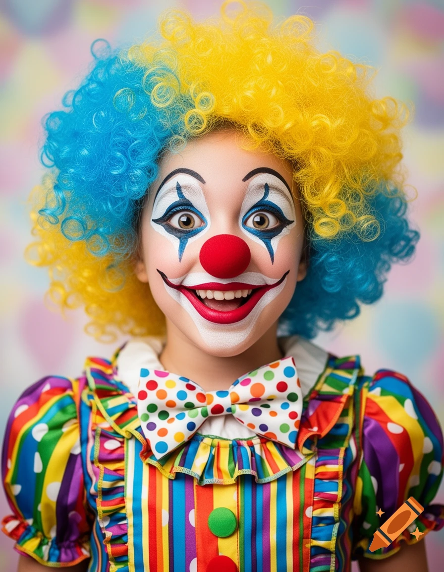 Smiling girl in vibrant clown makeup, a rainbow-striped costume, polka-dot bow tie, and a blue and yellow curly wig.