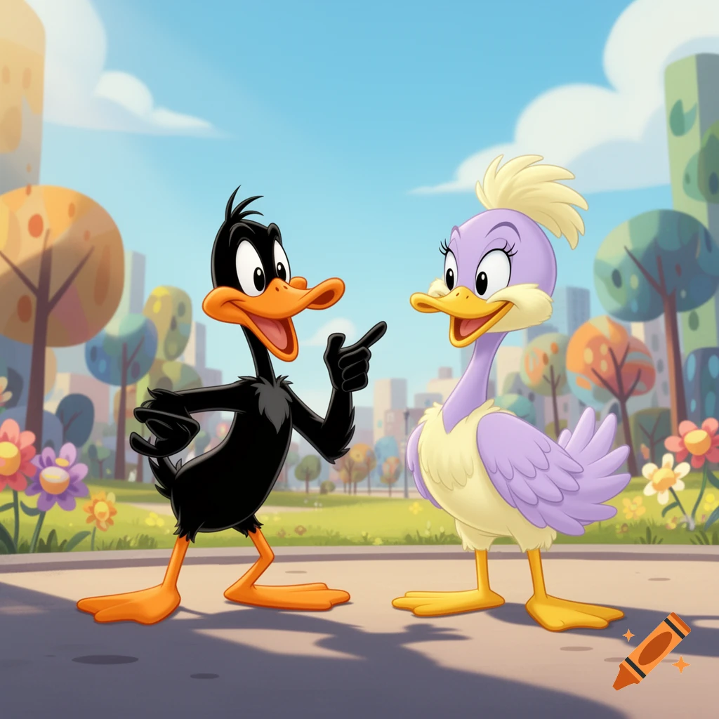 Daffy Duck points at a purple female duck in a sunny cartoon city park with stylized trees and buildings.