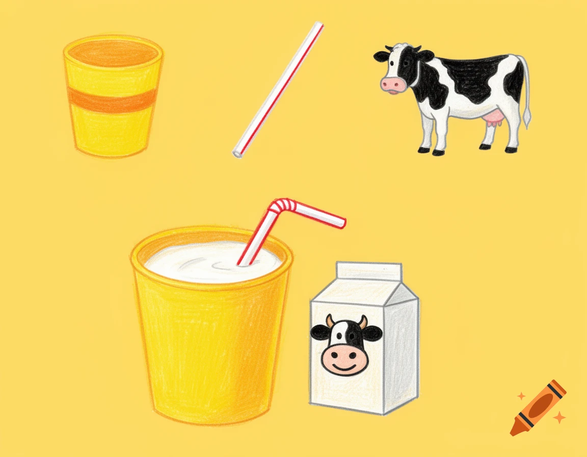 Crayon drawing on yellow shows a yellow cup, straw, cow, a cup of milk with a straw, and a milk carton with a cow face.