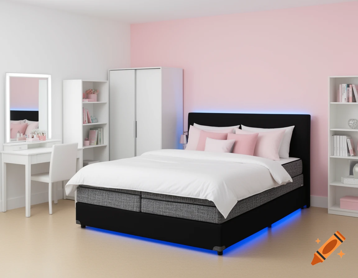A modern bedroom with a black bed with blue LED lights, pink accent wall, white furniture, and a beige floor.