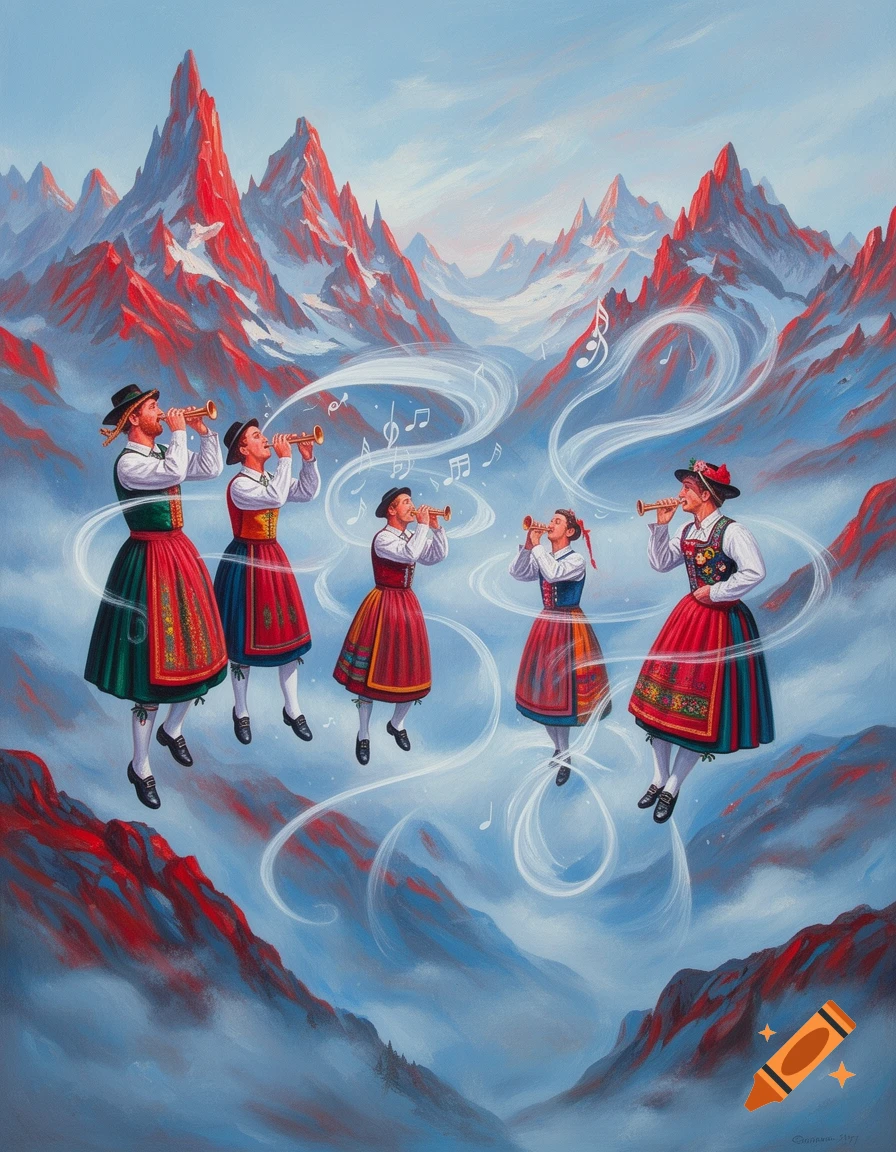 Five figures in traditional costumes float and play trumpets amidst stylized red and blue mountains, with musical notes drifting around them.