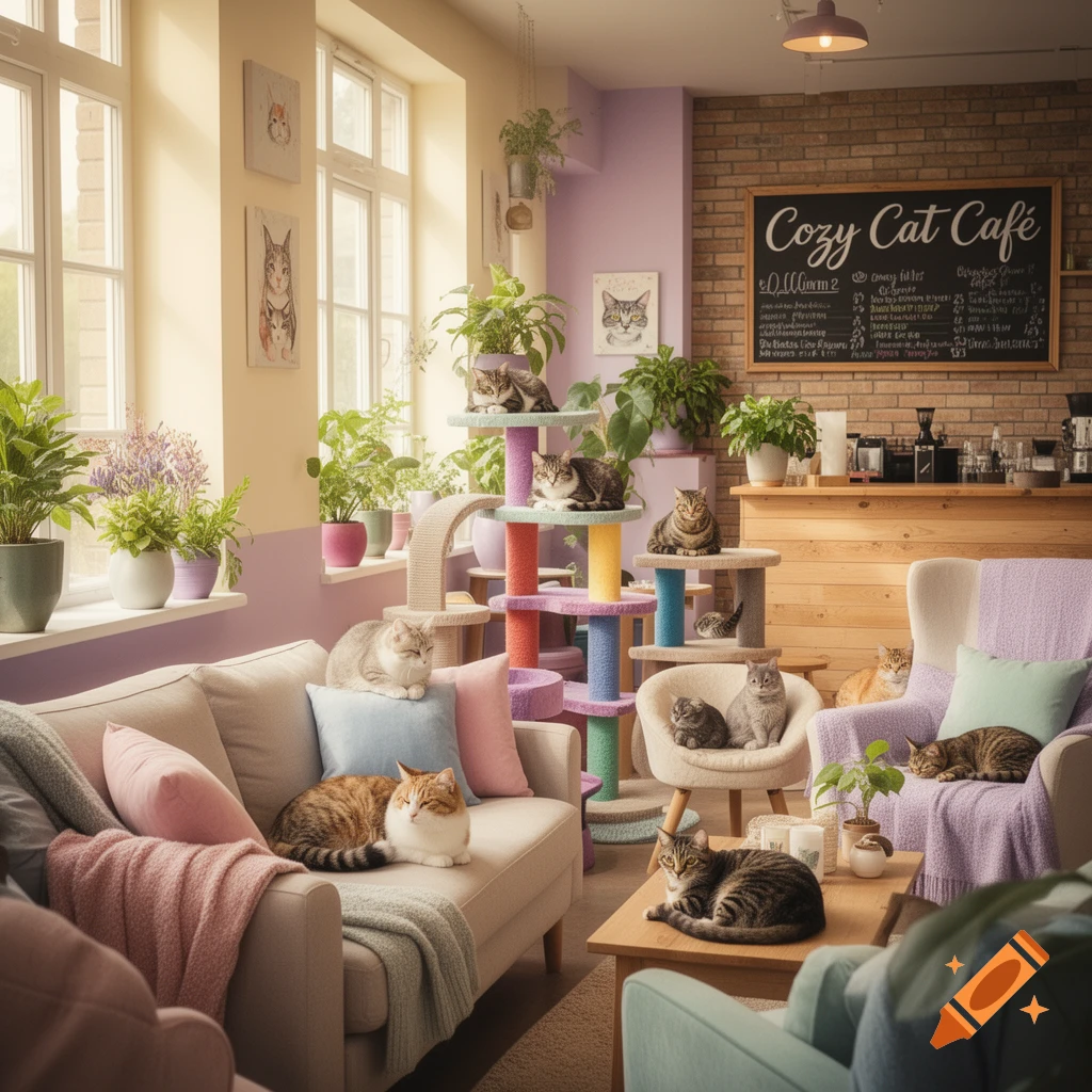A cozy cat cafe interior with numerous cats lounging on furniture and colorful cat trees, surrounded by potted plants and soft light. A chalkboard reads "Cozy Cat Café".