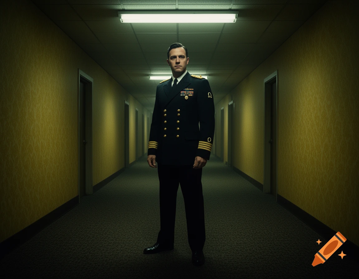 A man in a dark naval uniform, adorned with medals and an Omega symbol, stands in a long, dimly lit, yellow-walled hallway with multiple doors, in a photorealistic style.