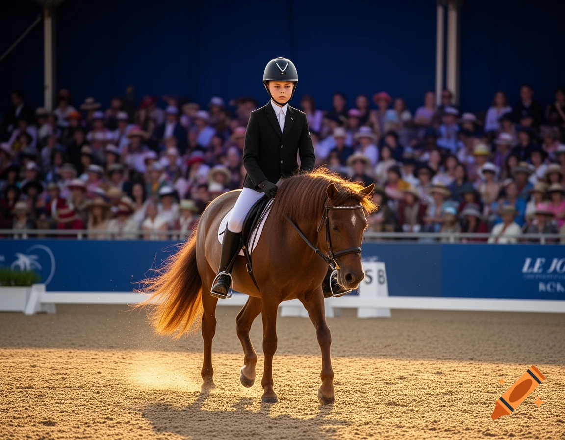Preteen boy in black jacket and helmet rides a brown pony in a sunny outdoor dressage arena with spectators in the background.