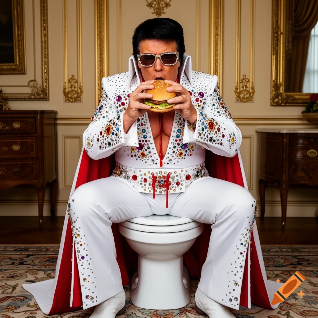 Caricature of Donald Trump as Elvis eating a bloody hamburger while sitting on a toilet in a luxurious room.