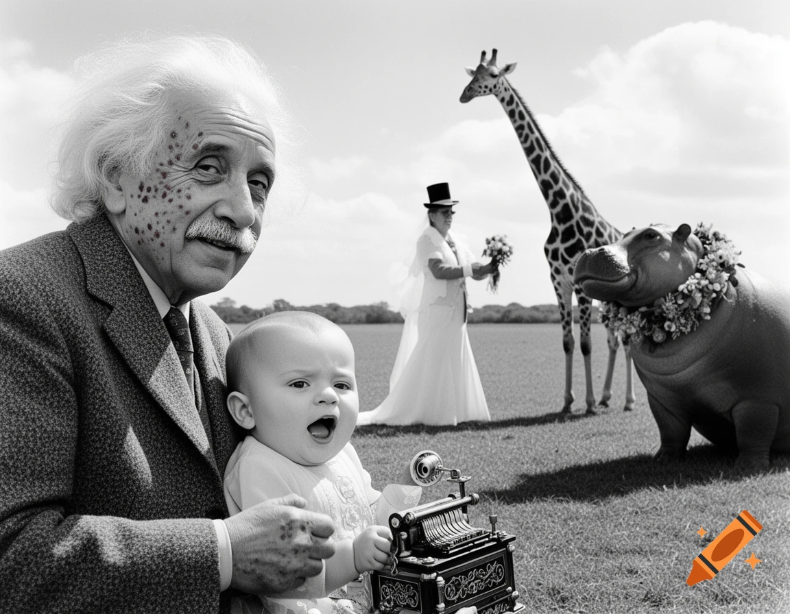 Black and white photo of Albert Einstein holding a baby next to an old phonograph, with a bride, a giraffe, and a flower-wreathed hippopotamus in a field.