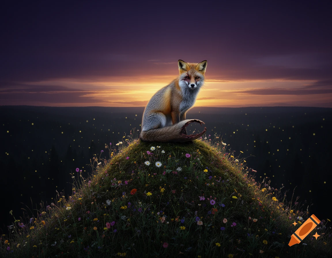 A scarred fox with a torn tail sits on a flower-covered mossy hill overlooking a dark forest under a purple and orange sunset sky.