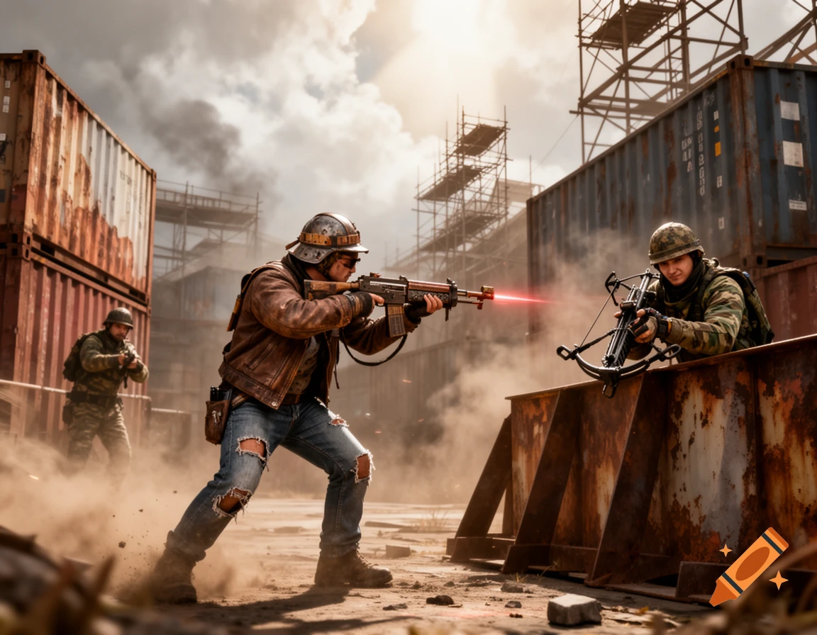 A group of combatants in a dusty, rusty industrial area with shipping containers and scaffolding. One fires a rifle with a laser, another aims a crossbow.