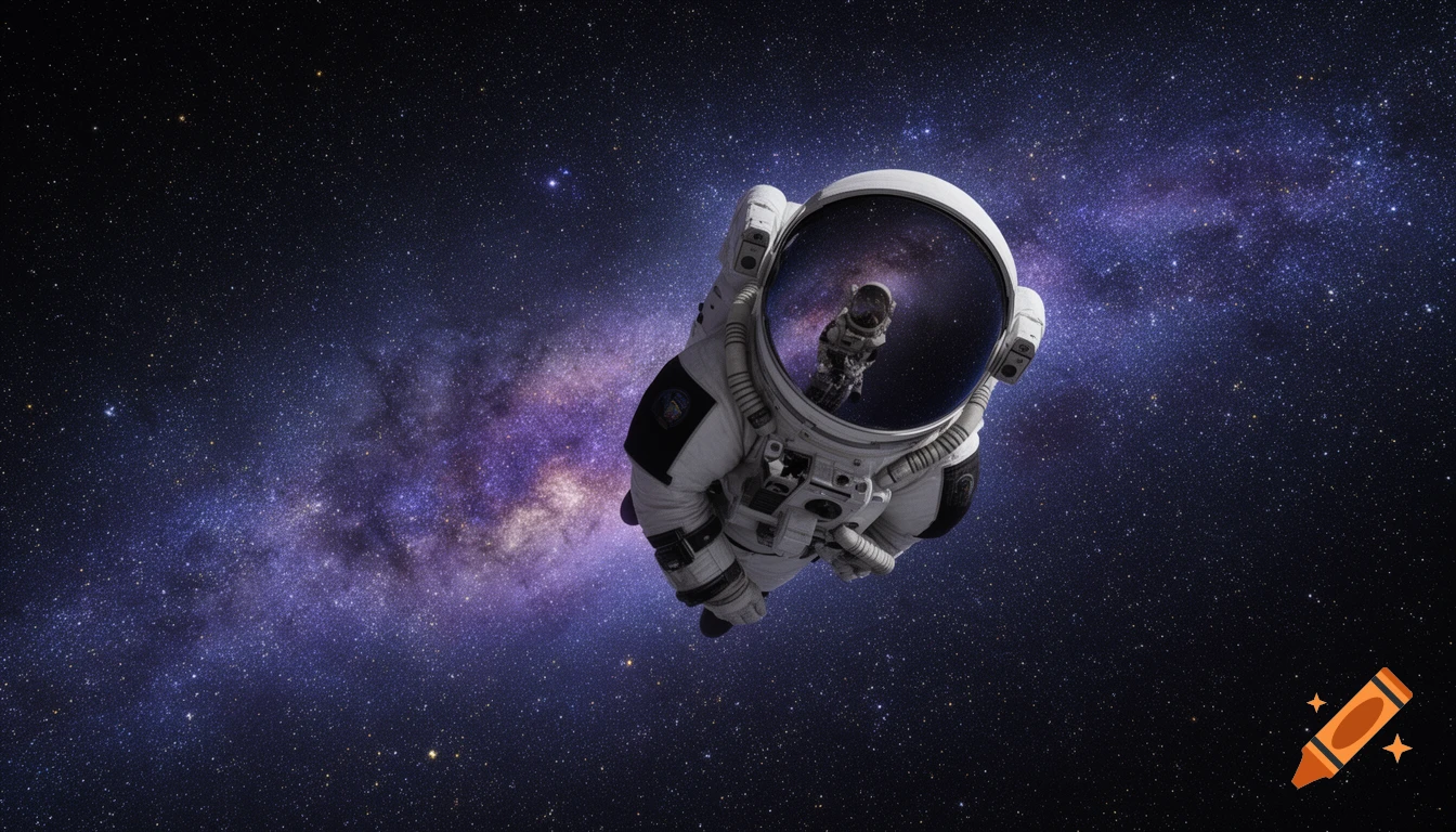 An astronaut floats alone in deep space, with the vibrant purple and blue Milky Way galaxy stretching across the background.