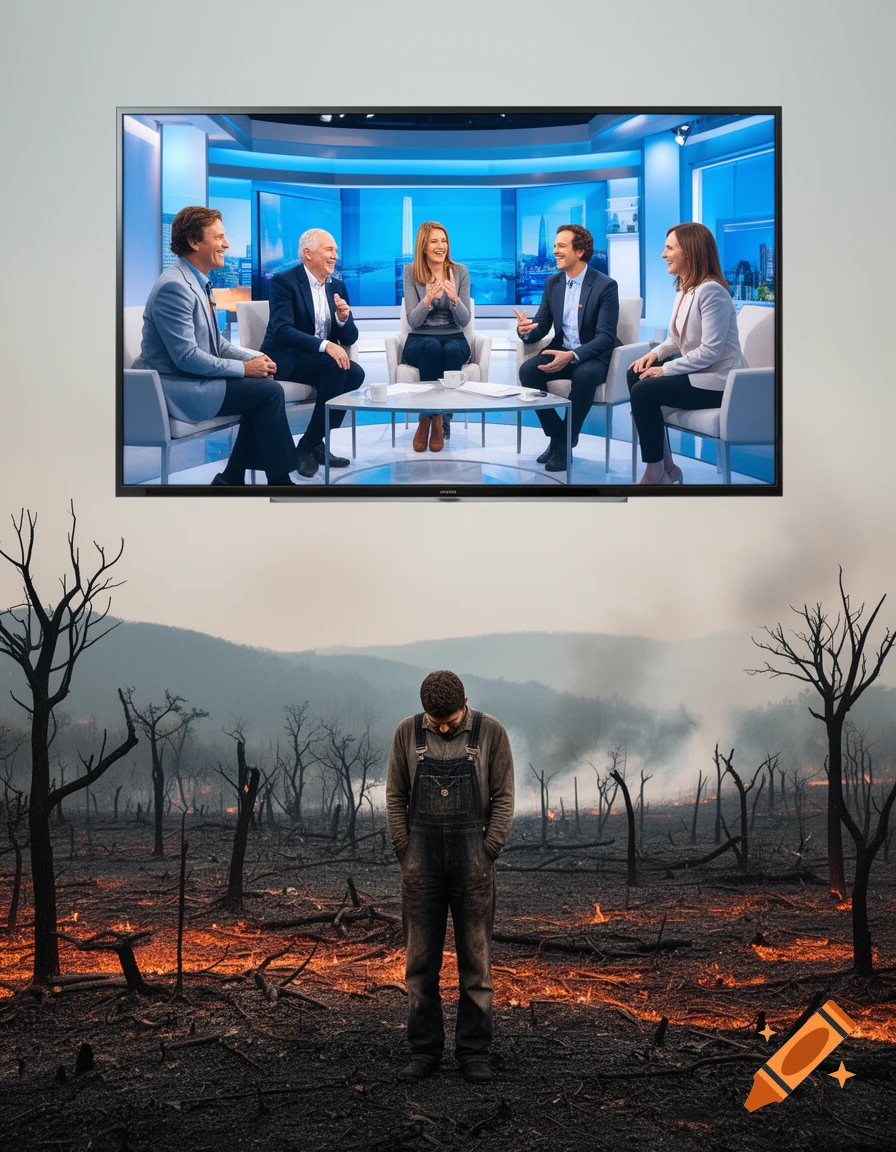 A man stands dejectedly in a charred, smoky landscape below a wall-mounted TV showing a bright talk show with laughing panelists, highlighting a stark contrast.