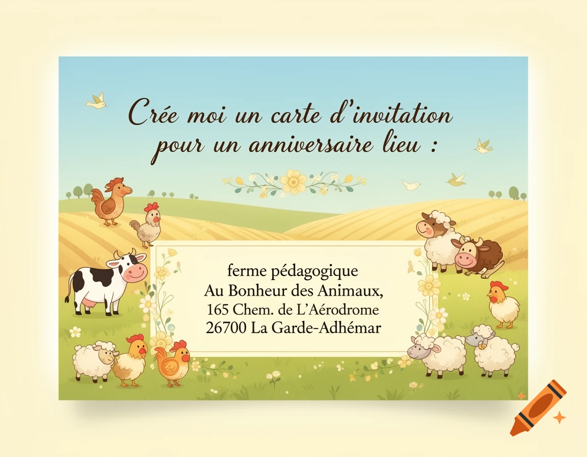A cartoon birthday invitation card featuring cute farm animals like cows, sheep, and chickens in a sunny field.