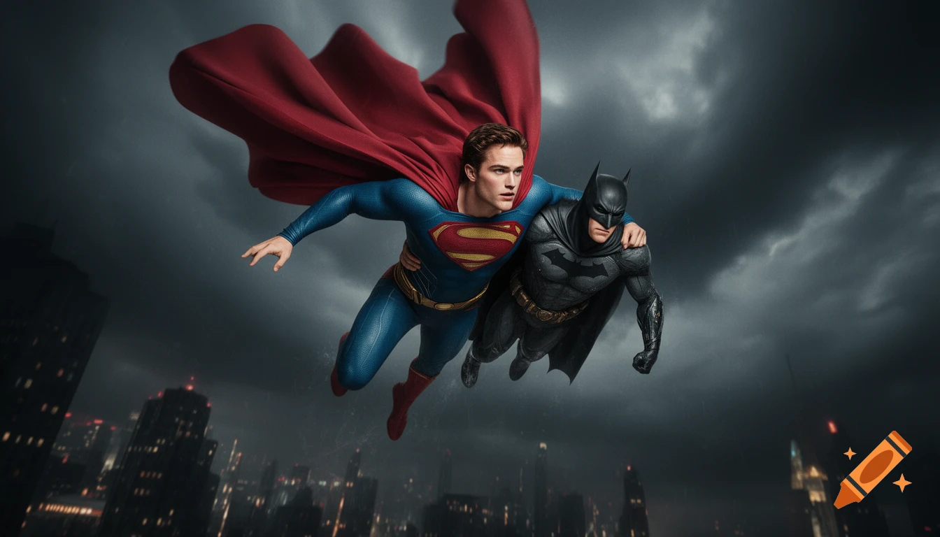 Superman flies through a stormy sky, holding Batman in a side-carry above a city, depicted in a cinematic, photorealistic style.
