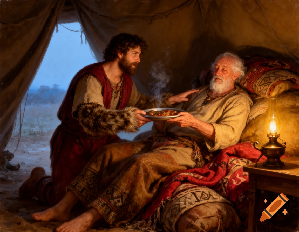 A young man, Jacob, kneels to offer a steaming plate of food to his old, bedridden father, Isaac, inside a tent illuminated by a lantern, in a detailed painting.