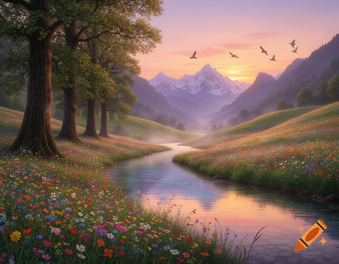A beautiful, vibrant mountain landscape at sunrise with a river flowing through a field of colorful wildflowers and large trees.