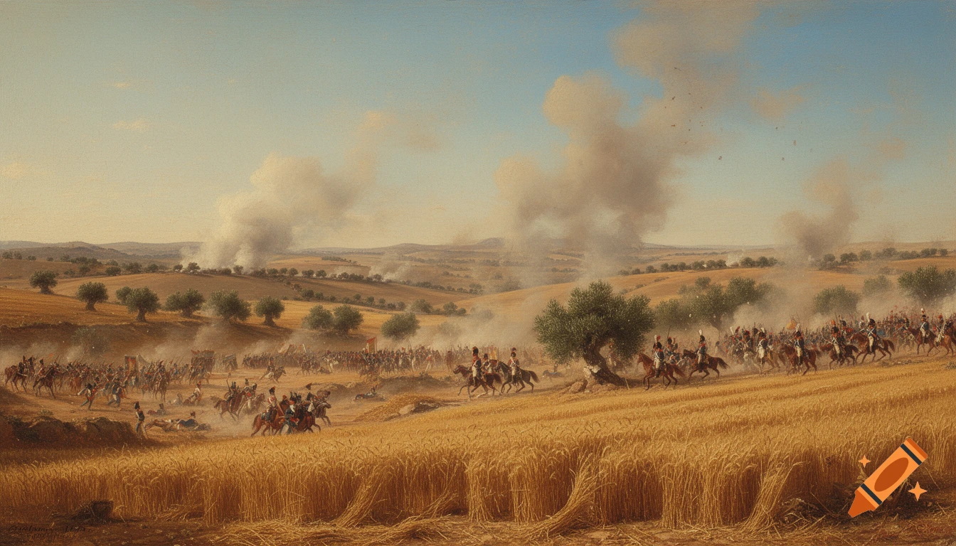 Oil painting of a Napoleonic battle in a dusty Spanish landscape with soldiers fighting in golden wheat fields under a sunny sky.