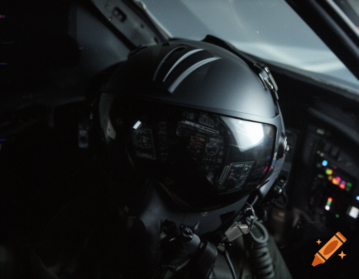 Dark, grainy shot of a fighter pilot helmet in a cockpit, with reflections of instrument displays on the visor.