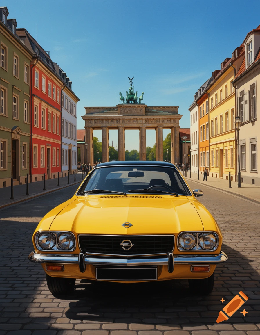 A vibrant yellow 1970s Opel Manta on a cobblestone street in Berlin, with the Brandenburg Gate and colorful houses in a digital painting style.