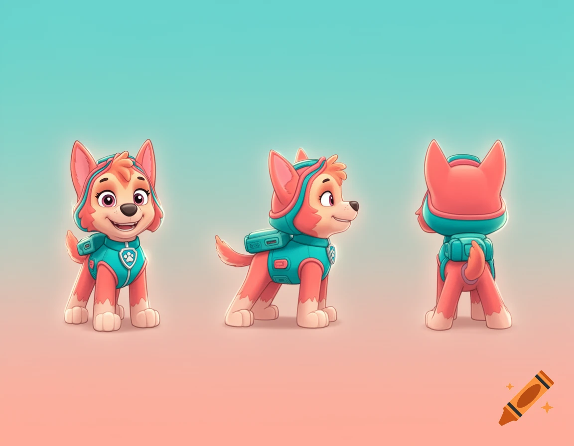 Three views (front, side, back) of Coral, a cartoon Paw Patrol dog in a teal and pink outfit, against a gradient background.