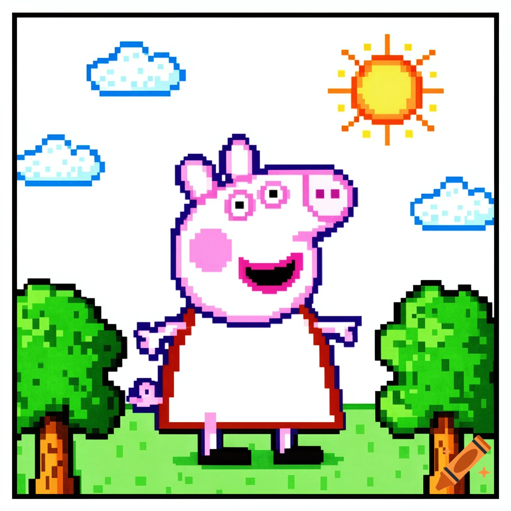 A pixel art depiction of Peppa Pig standing in a field with trees, clouds, and a sun in the background.