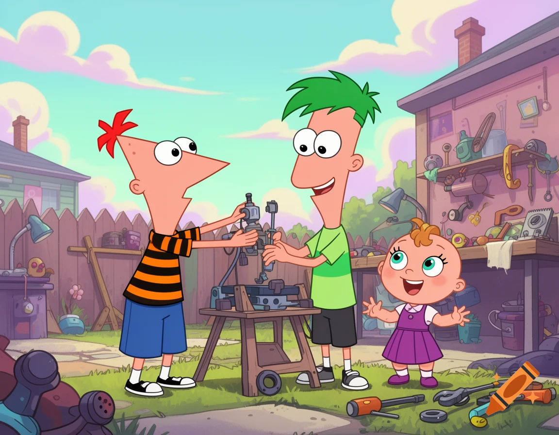 Phineas and Ferb work on a machine in a backyard as baby Isabella watches, cartoon style.