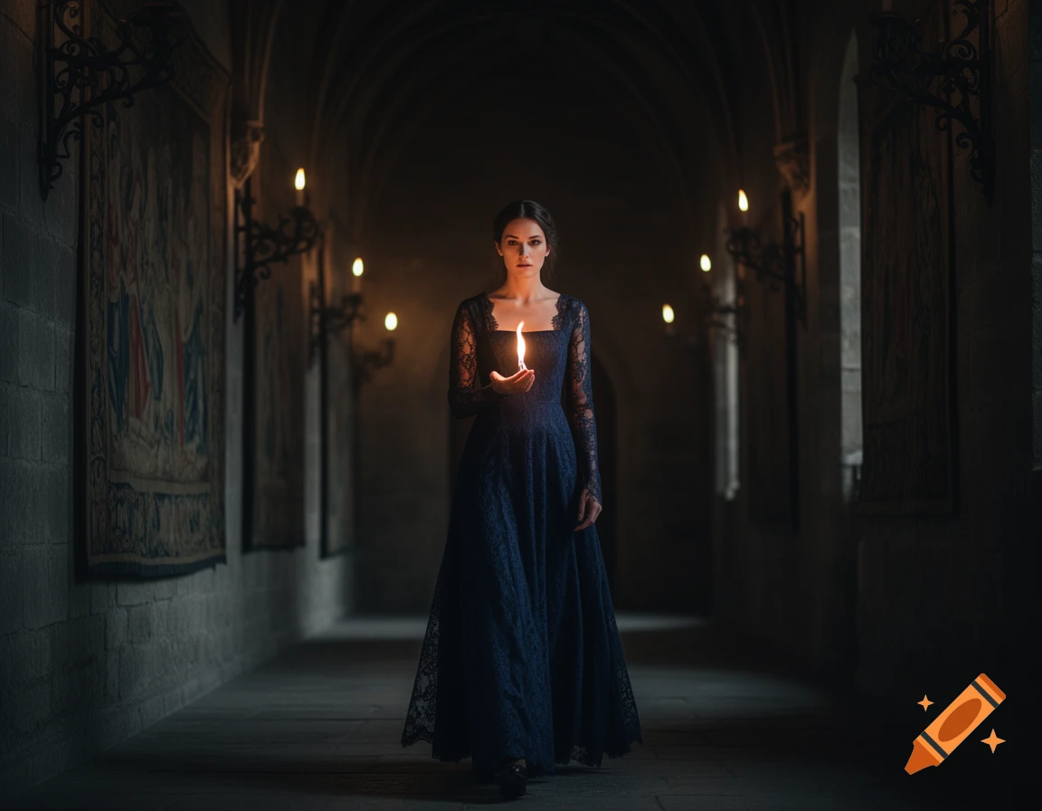 A woman in a blue gown walks through a dark castle corridor, illuminated by a bright flame she holds in her hand.