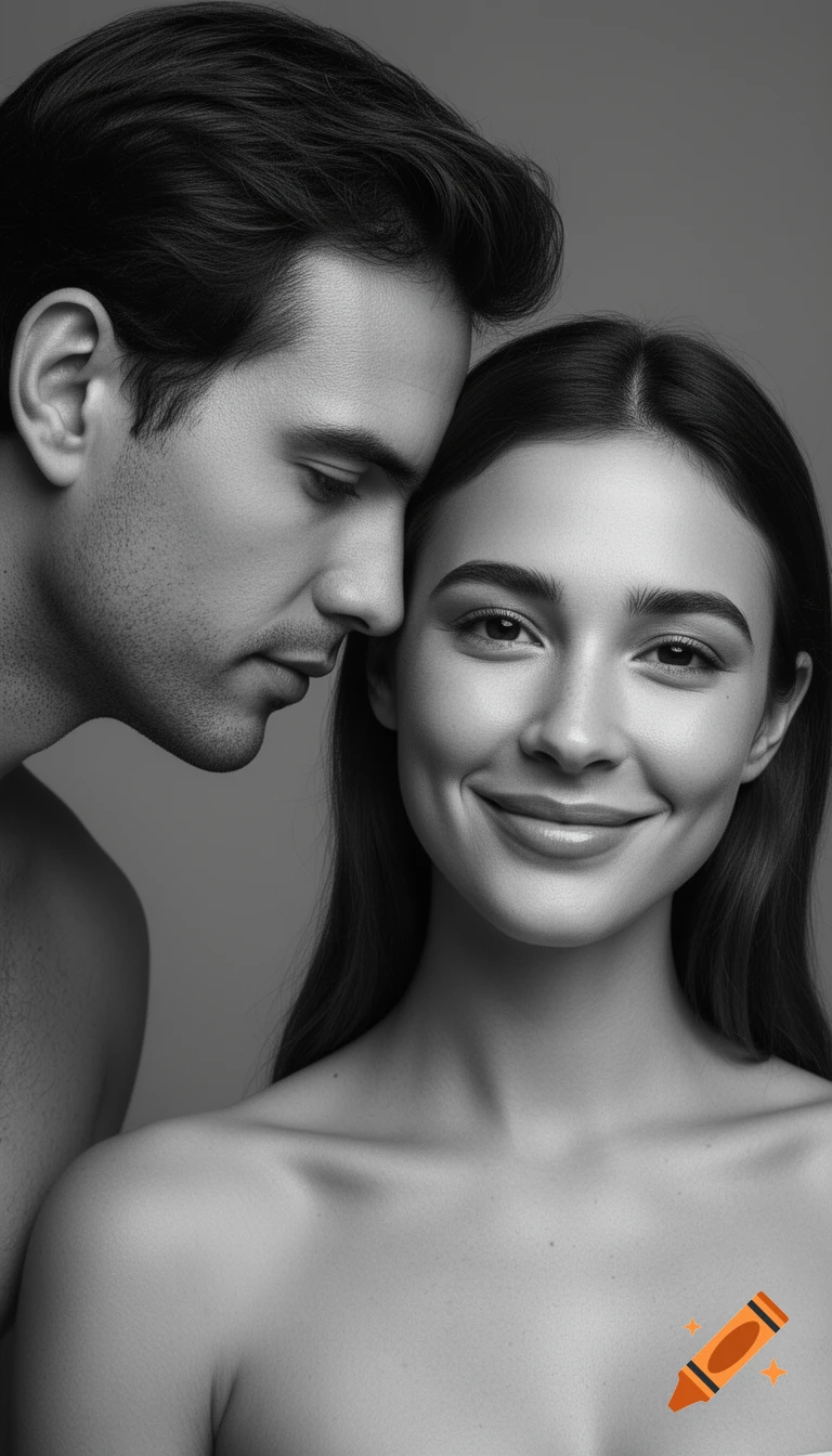 Ultra-realistic black and white close-up studio portrait of a man leaning his head on a woman's temple while she smiles at the camera.