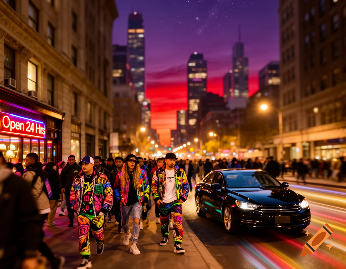 Three people in vibrant streetwear walk down a bustling city street at night, with a dark car, neon signs, and tall buildings under a colorful sky.