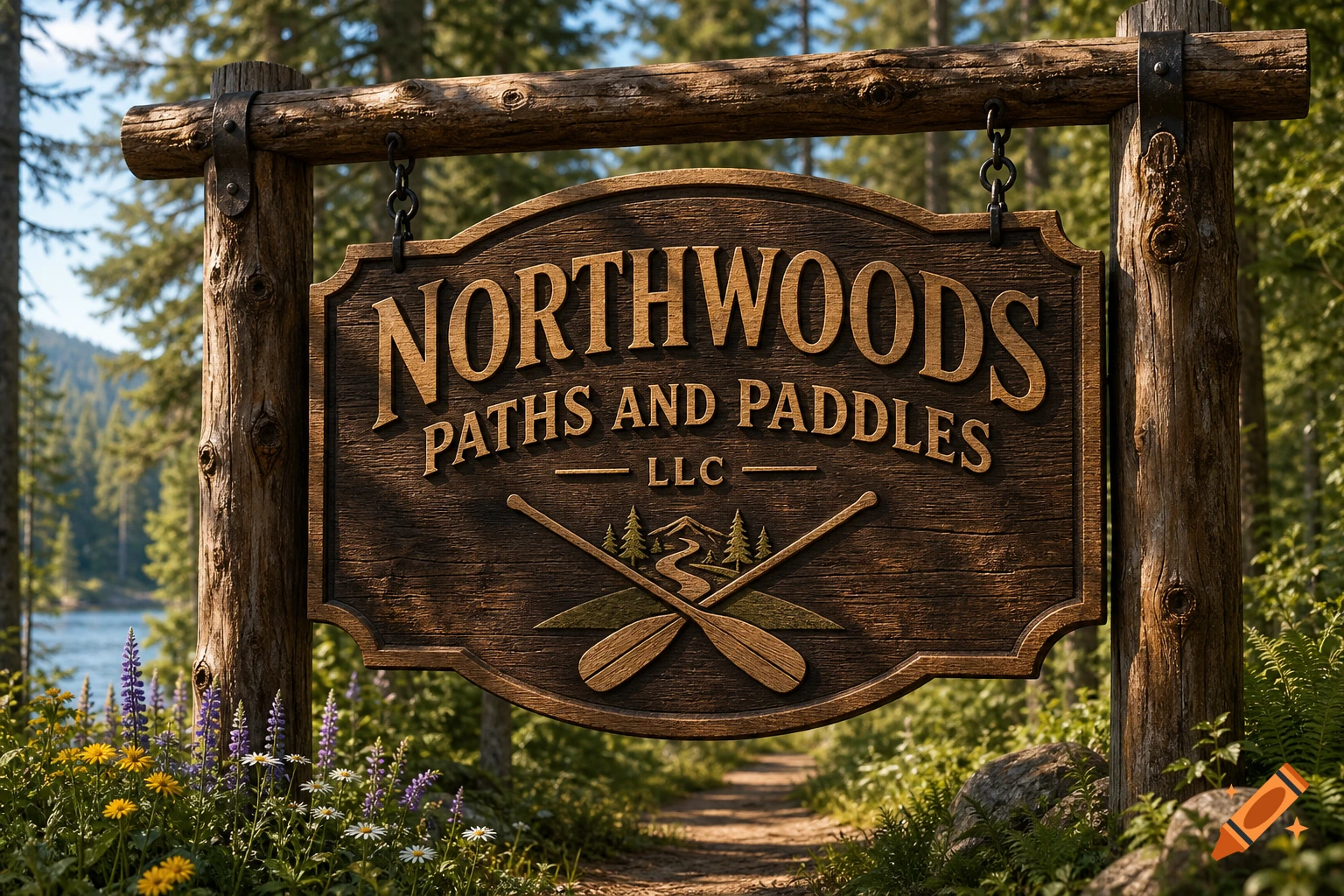 A rustic wooden sign for 'Northwoods Paths and Paddles LLC' on a forest path with a lake and wildflowers, photorealistic.