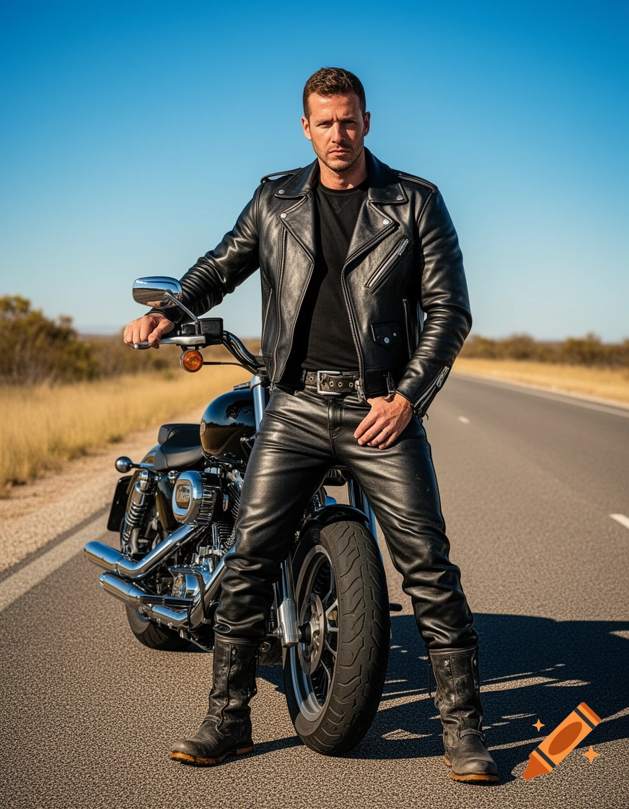 A man in a black leather jacket and pants stands beside a black motorcycle on a desert road under a clear blue sky.