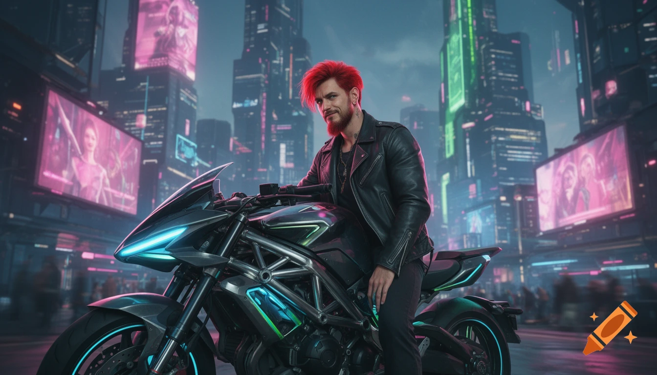 A man with red hair and beard leans on a futuristic motorcycle in a vibrant cyberpunk city.