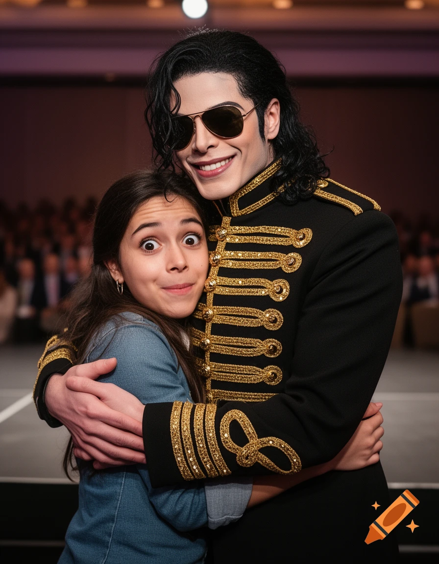 Michael Jackson in a black and gold military jacket hugging an excited young fan in a blue denim shirt.