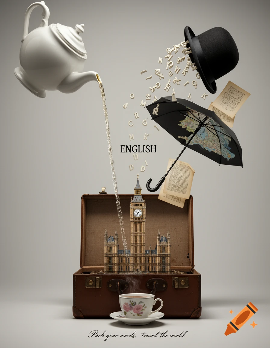 A creative still life featuring a teapot, teacup, open suitcase with Big Ben, and floating English cultural symbols like a bowler hat, letters, and umbrella, on a grey background.