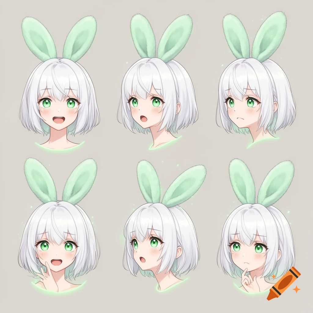Six anime girl heads with white hair, green eyes, and fluffy green bunny ears, displaying various expressions in an expression sheet.