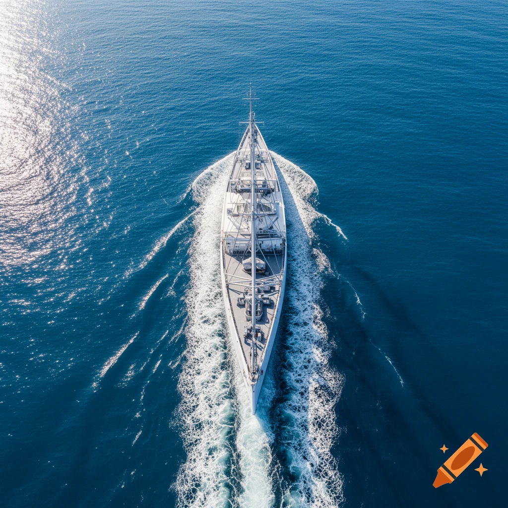 Aerial view of a white ship cruising through deep blue ocean waters, leaving a white wake behind it.