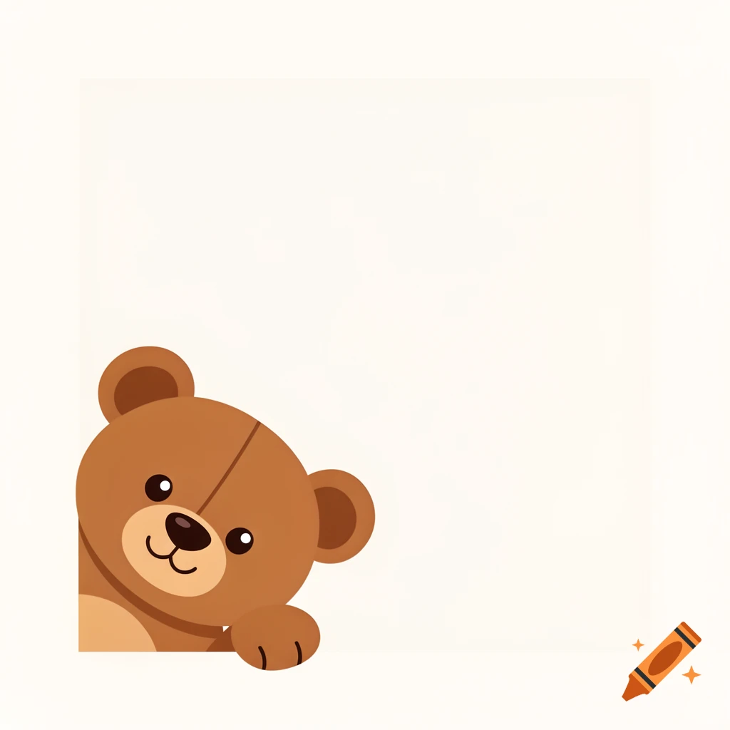 A cute brown cartoon teddy bear peeking from the bottom left corner of a white background.