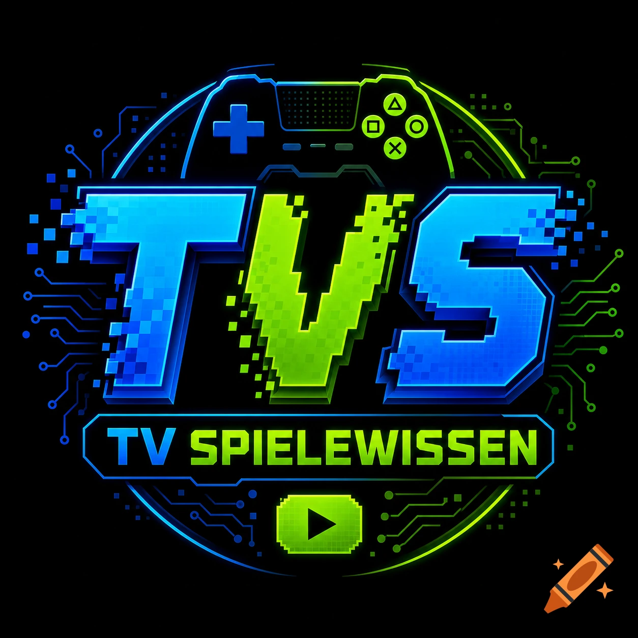 Neon blue and green pixelated 'TVS' logo with 'TV SPIELEWISSEN' text and game controller outline on a black background.