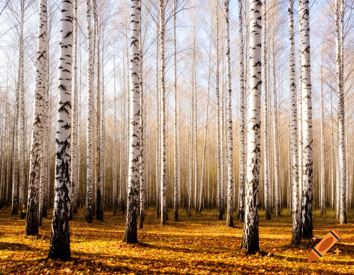 A dense white birch forest with bare branches stands over a carpet of golden autumn leaves.