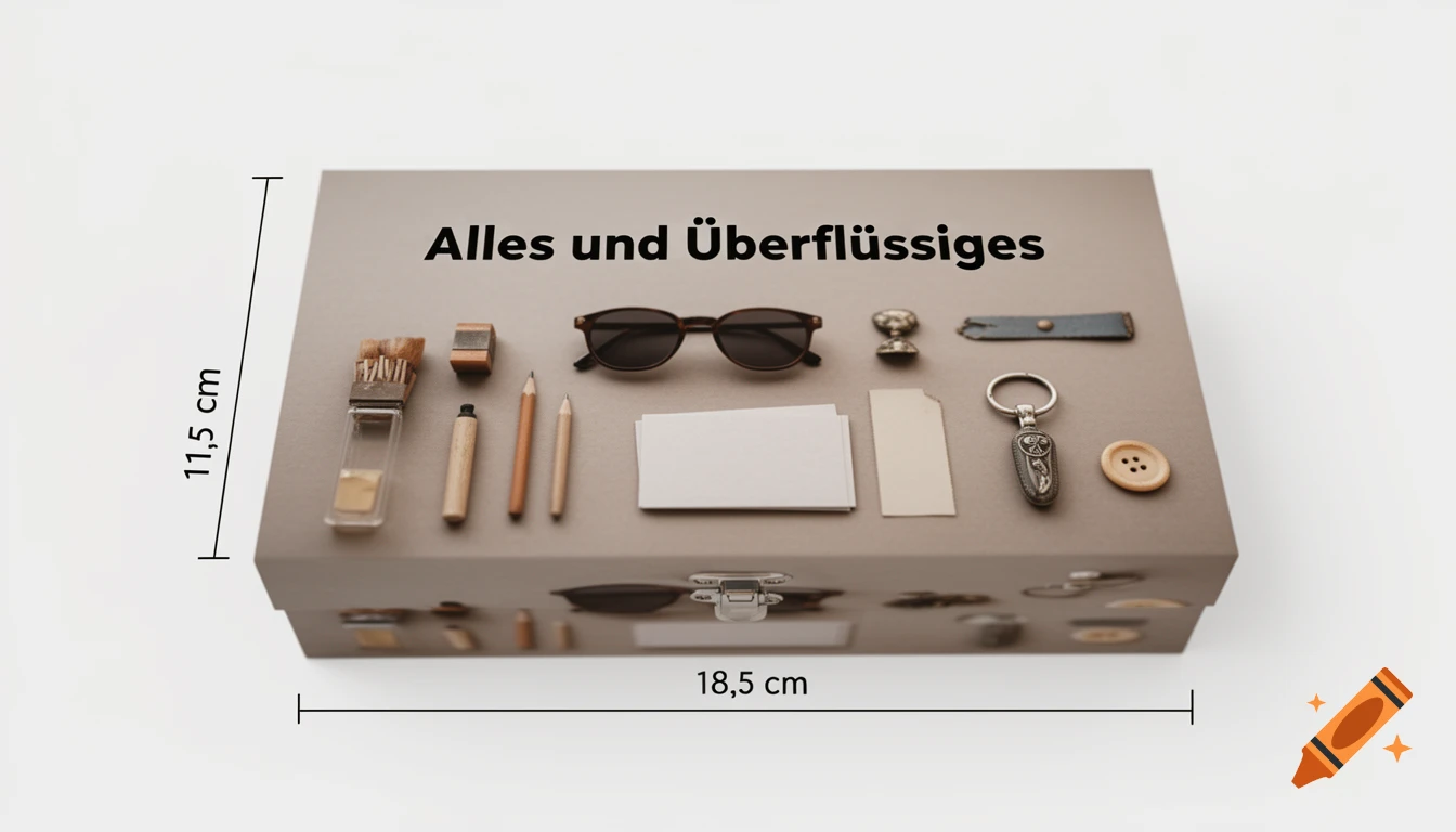A brown box with various small everyday items including sunglasses, pencils, and a keychain, labeled "Alles und Überflüssiges" with dimensions 11.5 cm and 18.5 cm.
