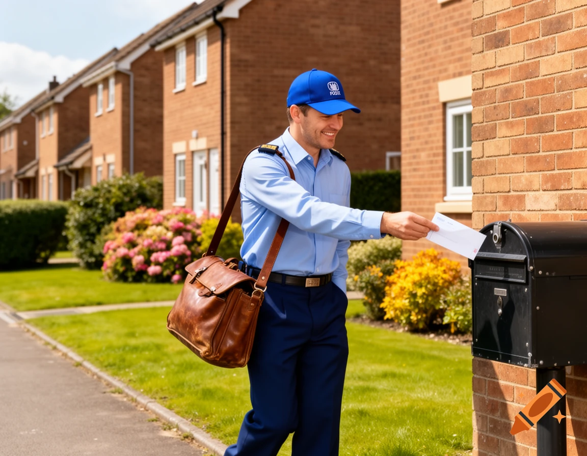 A smiling mailman in a blue uniform and cap delivers a letter to a black mailbox in front of a brick house.
