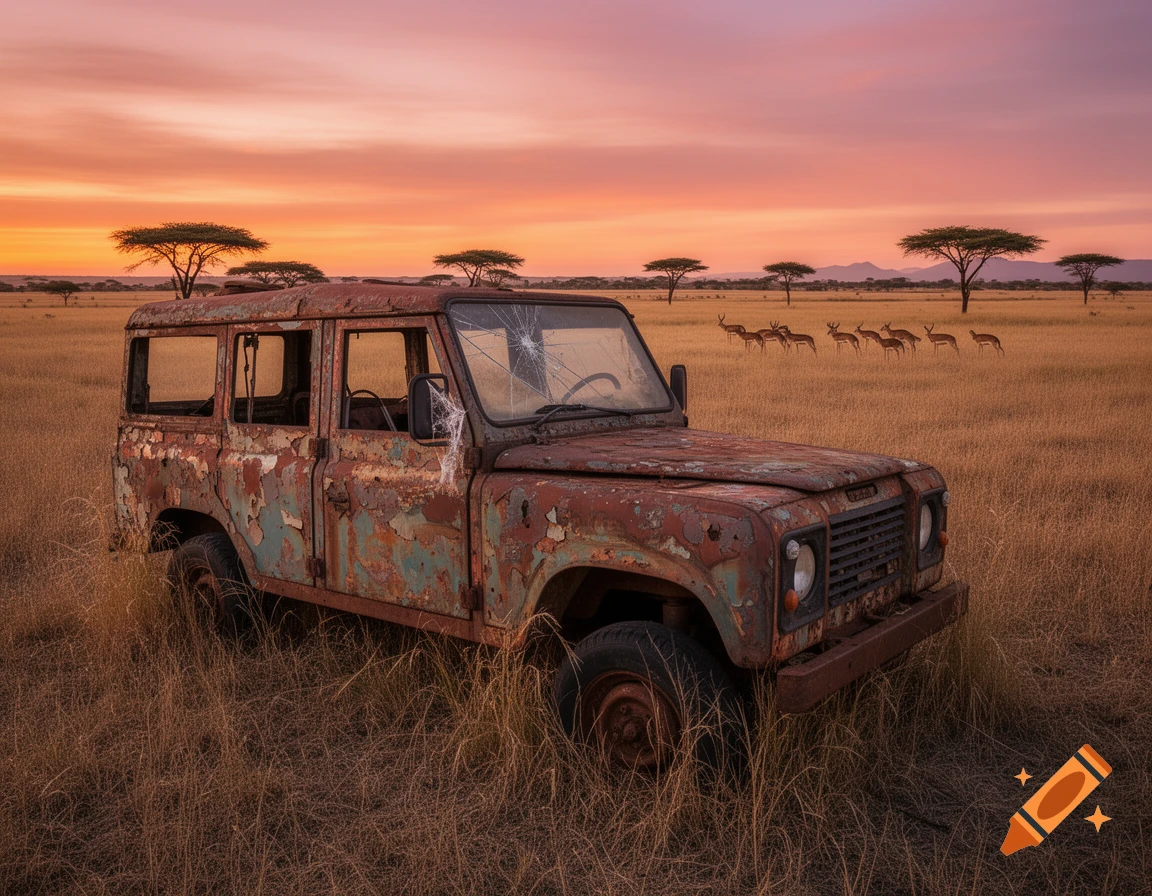 A rusty, broken jeep in a dry savannah field with acacia trees and gazelles under a vibrant orange and purple sunset.