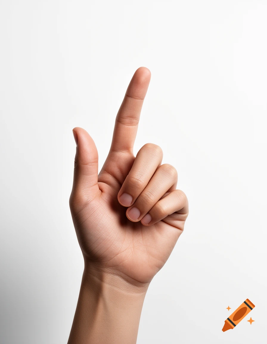 A person's hand with the index finger pointing upwards on a white background.
